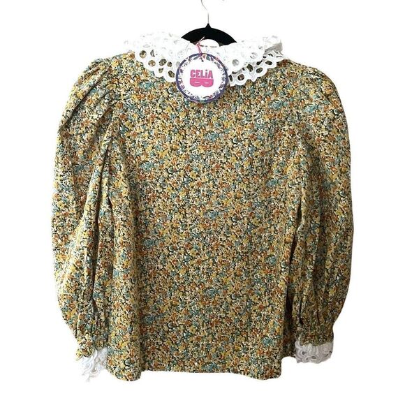 Celia B Sz M Corduroy Virginia Floral Peasant Top Blouse Lace Trim NWT - Picture 4 of 12